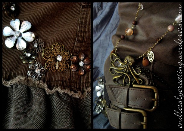 Ah yes, corduroy, so steampunk. The flower necklace is the only thing I bought specifically because it looked a little "steampunkish." I'm aware the octopus is cliche. 